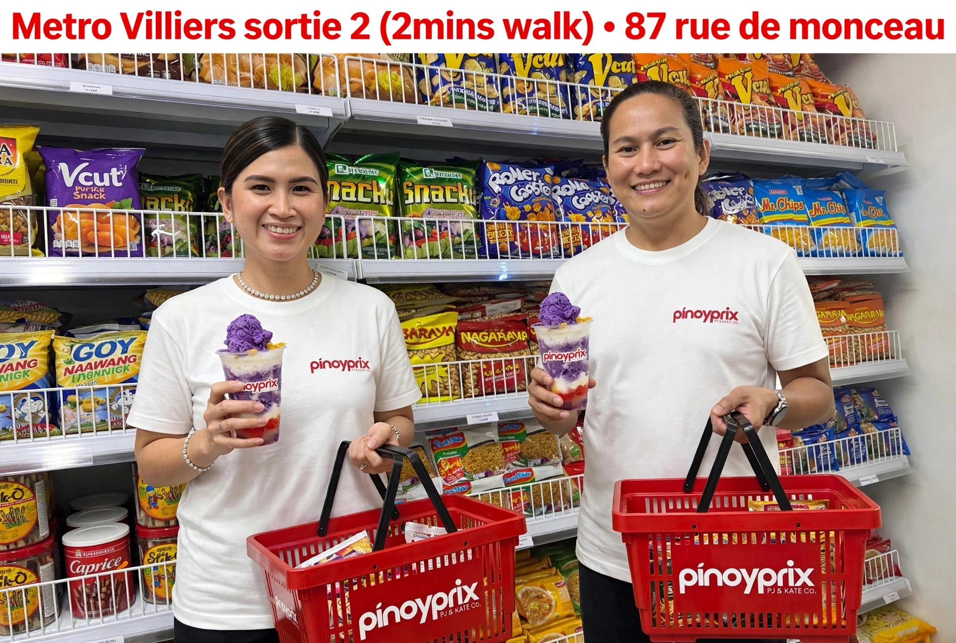 PJ and Kate in the PinoyPrix grocery aisles holding red baskets and halo-halo
