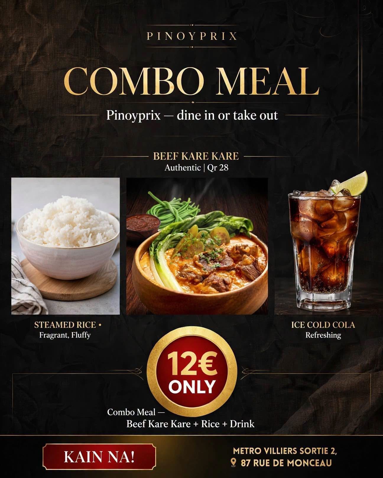 PinoyPrix beef kare-kare combo poster: kare-kare, steamed rice and a cola for 12 euros